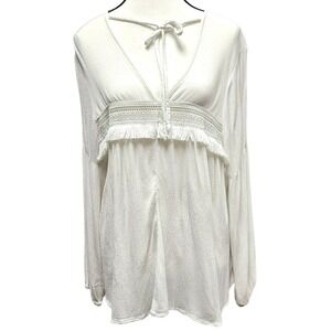 On The Road Top S Women's Sm Boho Anthro Style Eyelet Lace Fringe Balloon Sleeve